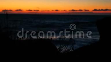 金色橙色的海上日落，前景上岩石的轮廓和飘扬的草地